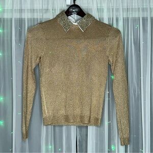 Alice+Olivia Dia Gold Metallic Sweater with Removable Embellished Collar - Small